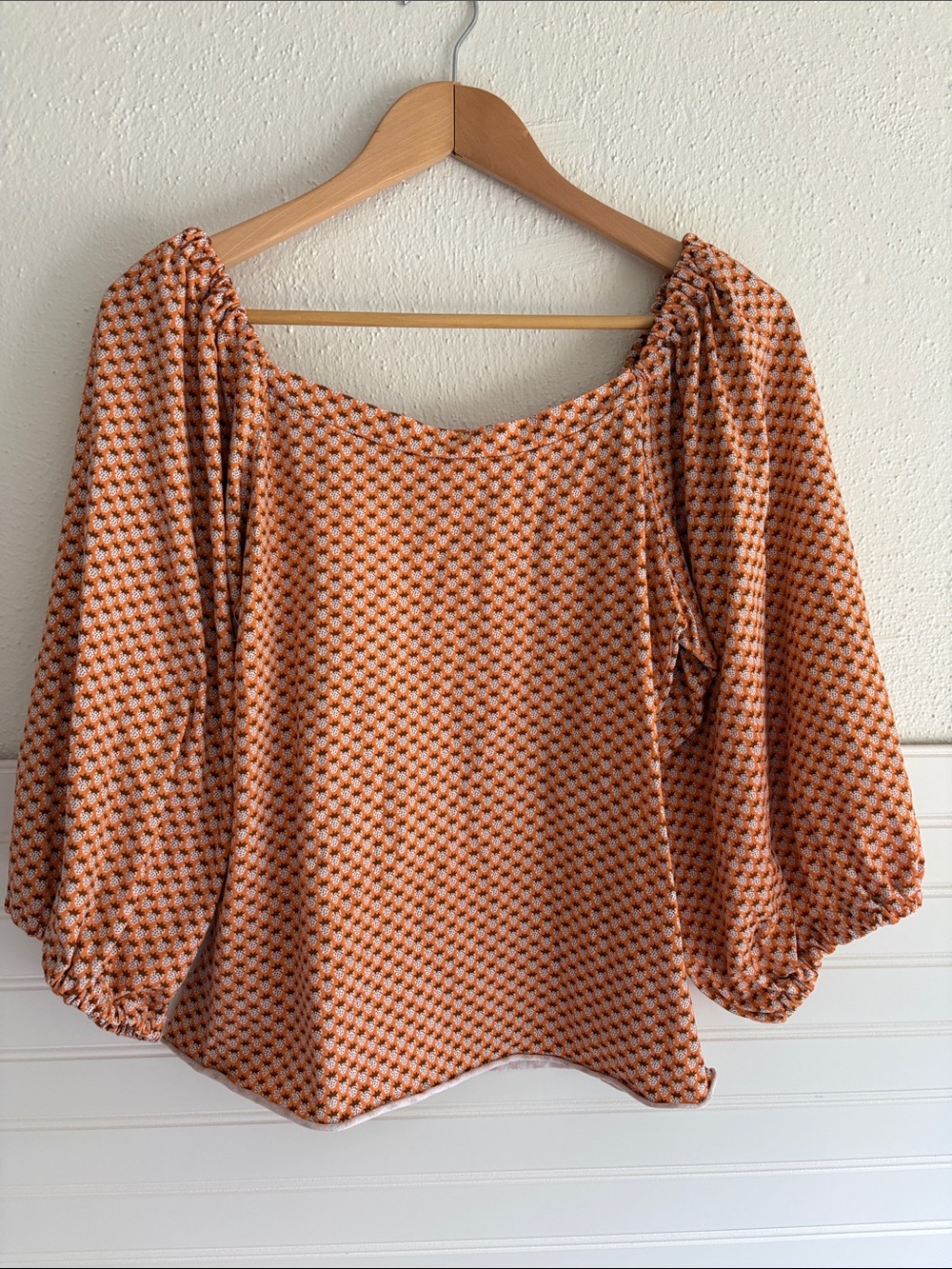Women’s Knit Orange Strawberry Patterned Peasant Blouse